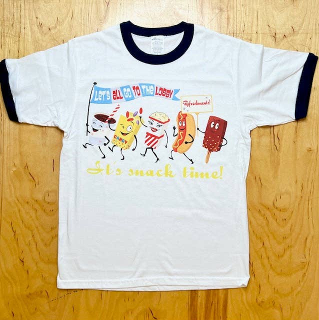 Astro Bettie - Wholesale Screen Printed T-Shirt - Women's - Let's All Go To The Drive-In - Navy Ringer2