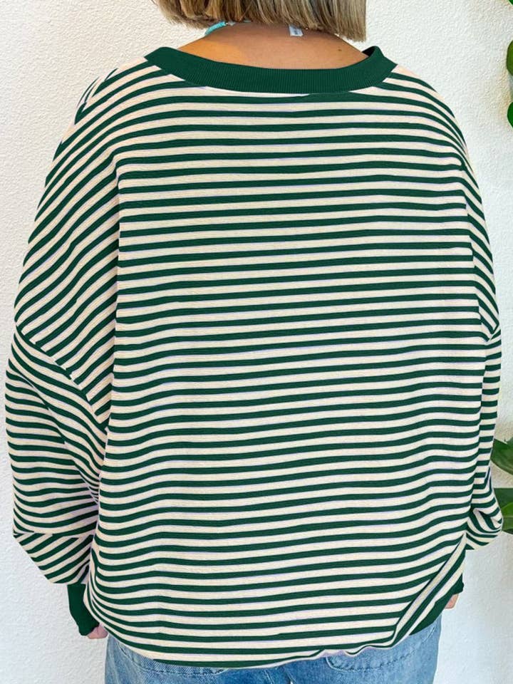 LALA LOO - Wholesale Knit Top - Women's - Stripe Drop Shoulder Long Sleeve Top