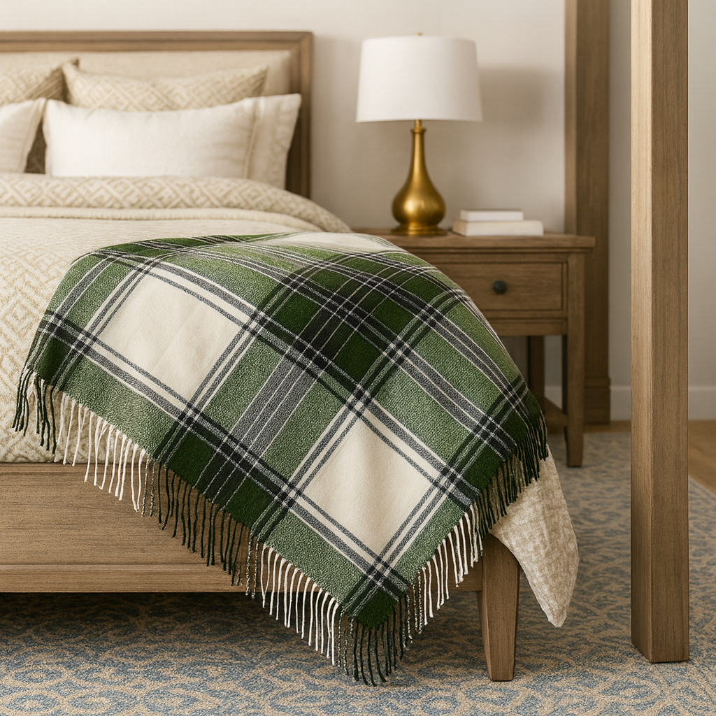 Fennco Styles - Vente Plaids - Couverture à carreaux classique verte avec franges 50x60 pouces1
