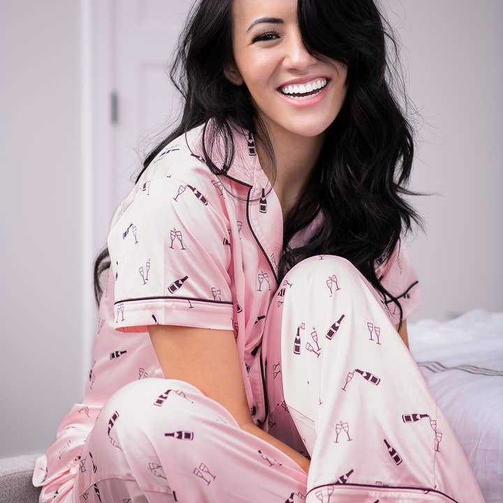 Champagne Bottles Silky Satin Pajama Top | Pink Silk PJs for wholesale by Amanda Blu