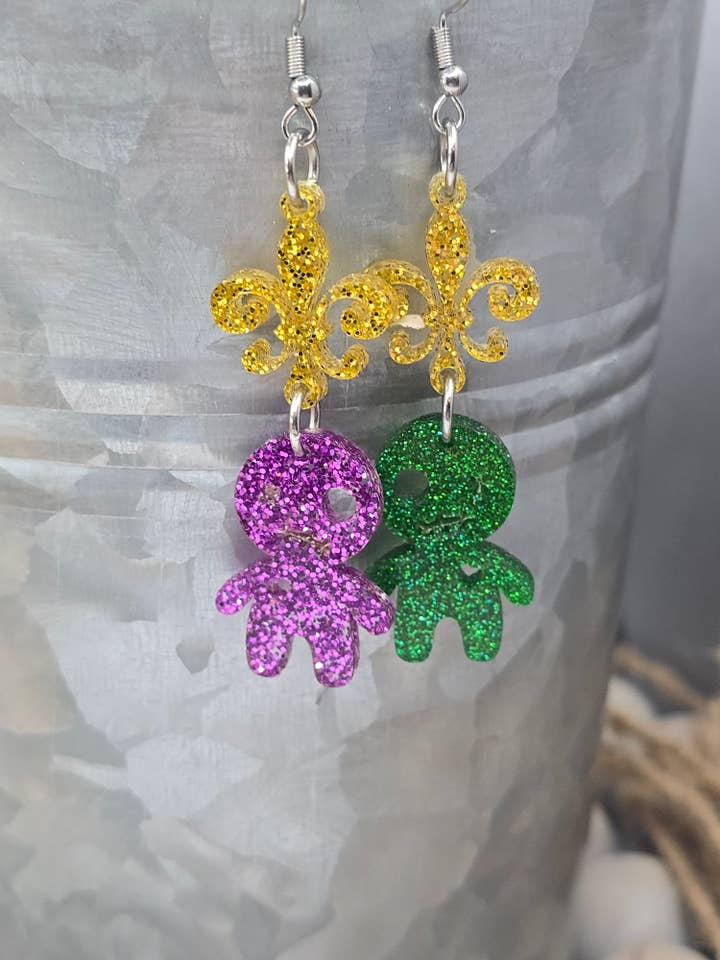 Mardi Gras Voodoo Doll Earrings for wholesale by Woody Bee Creations