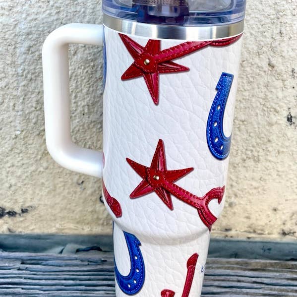LUCKY & BLESSED - Wholesale Insulated Mug/Tumbler - Ivory Red Spur Printed Flip Straw Tumbler (40oz)0