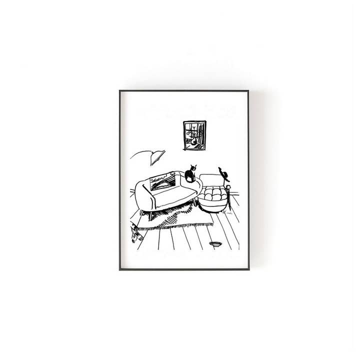 Impression d'art --- Chat noir et blanc à la maison 1 pour la vente par Chloe & Helen