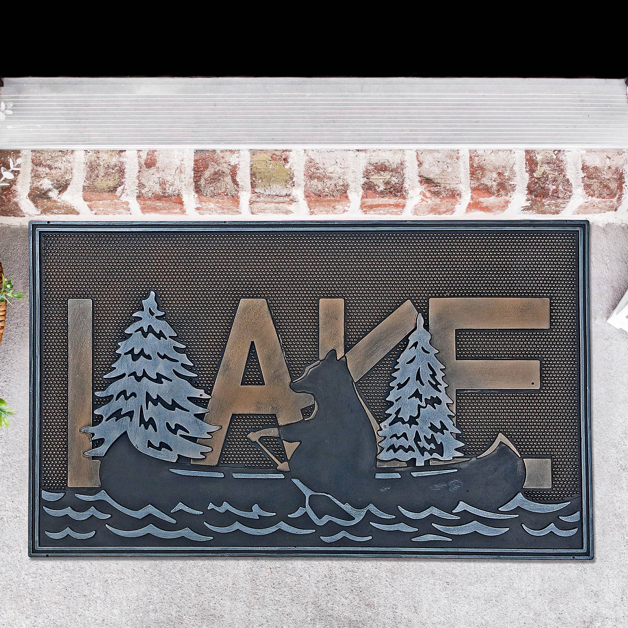 Bronze Rubber Mat Lake With Bear On Canoe for wholesale on Faire1