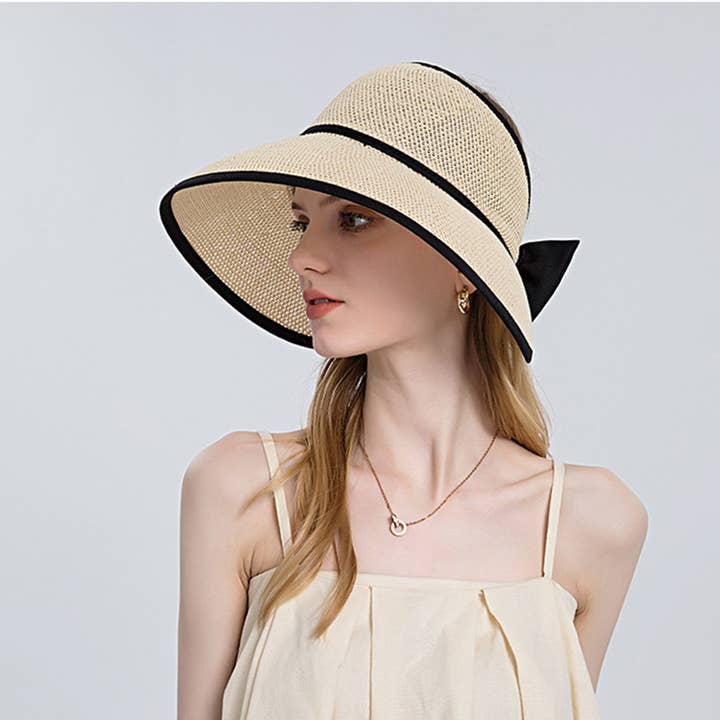 AK Brand - Wholesale Visor – Women's - Women Roll-Up Straw Sun Visor with Bow Detail Adjustable Hat7