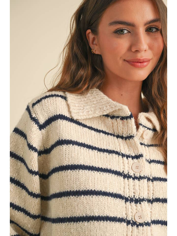 MIOU MUSE - Wholesale Cardigan - Women's - J3936 BUTTONDOWN STRIPED KNITTED CARDIGAN