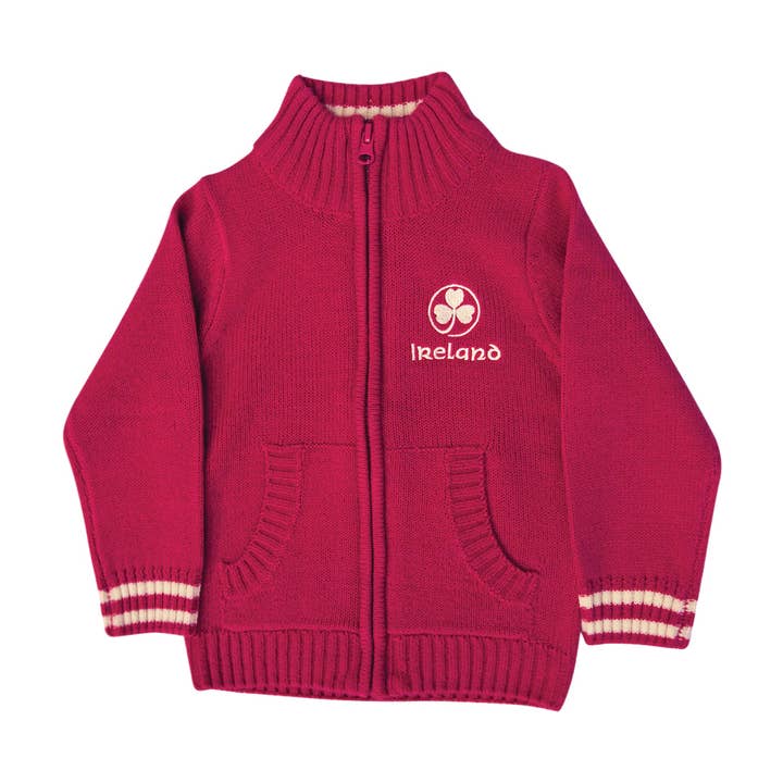 Veste en tricot pour filles avec blason d'Irlande rose blush pour la vente par Dublin Gift Company