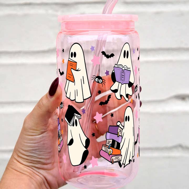 Sip-Sip Hooray! - Wholesale Drinking glass/cup - Ghosts and Books Glass Can With Lid and Straw6
