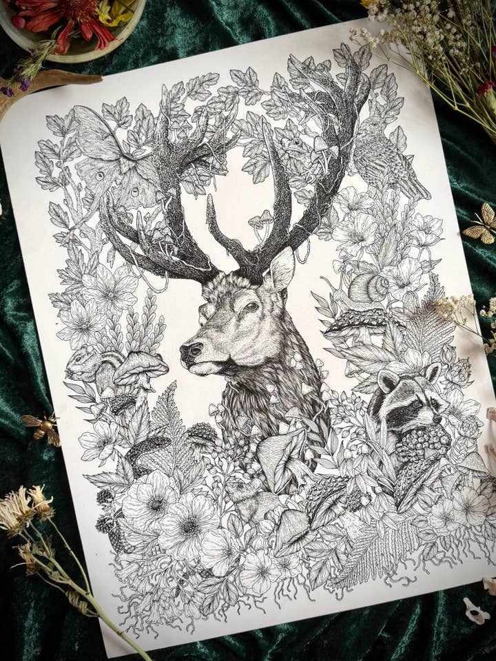 Harmony - Whimsical Elk and Forest Critters Art Print for wholesale by Strat Lacy Art