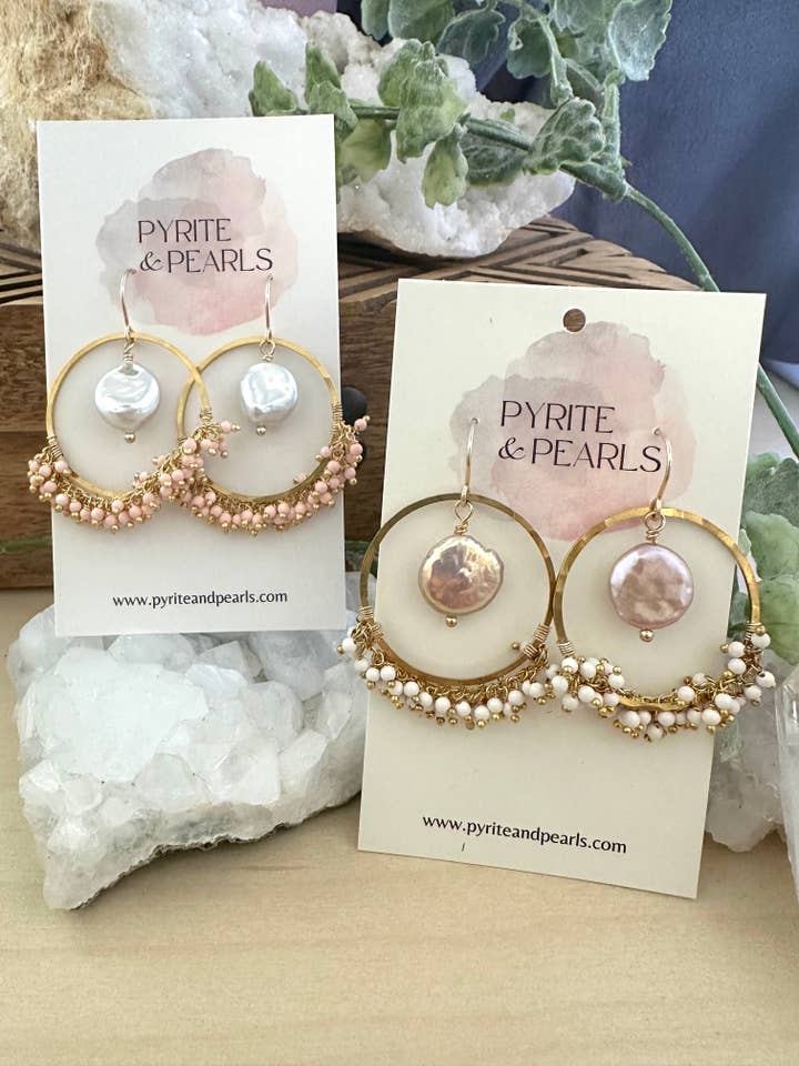 Round Fringe Earrings with Freshwater Pearls for wholesale by Pyrite and Pearls