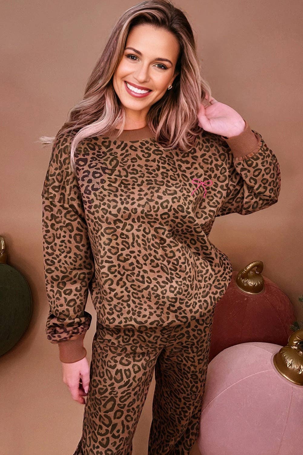 Coffee LALALOO Leopard Long Sleeve Top and Pants Set for wholesale on Faire1