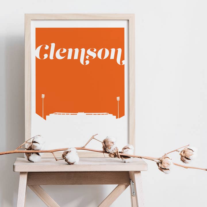 Clemson SC retro inspired skyline art print for wholesale by Paperfinch Design