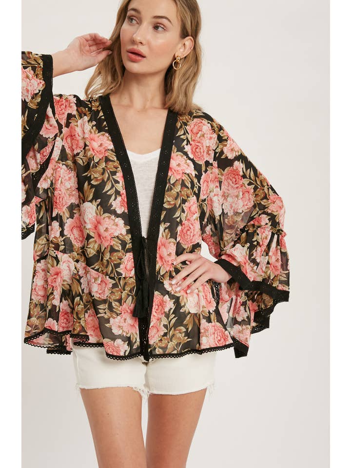 Bluivy - Wholesale Kimono - Women's - FLORAL RUFFLED BELL SLEEVES KIMONO