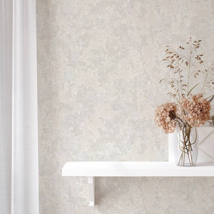Modern Distressed Embossed Wallpaper, Shimmering 3D Textured Abstract Wallcovering, Non-Pasted, Extra Large 178 sq ft Roll, White Shiny for wholesale by Walloro Luxury Embossed Wallpaper