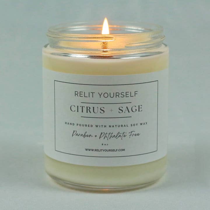 Citrus+Sauge | Sauge, Cèdre & Musc | Bougie Parfumée en Cire de Soja 8oz pour la vente par Relit Yourself Candle & Co