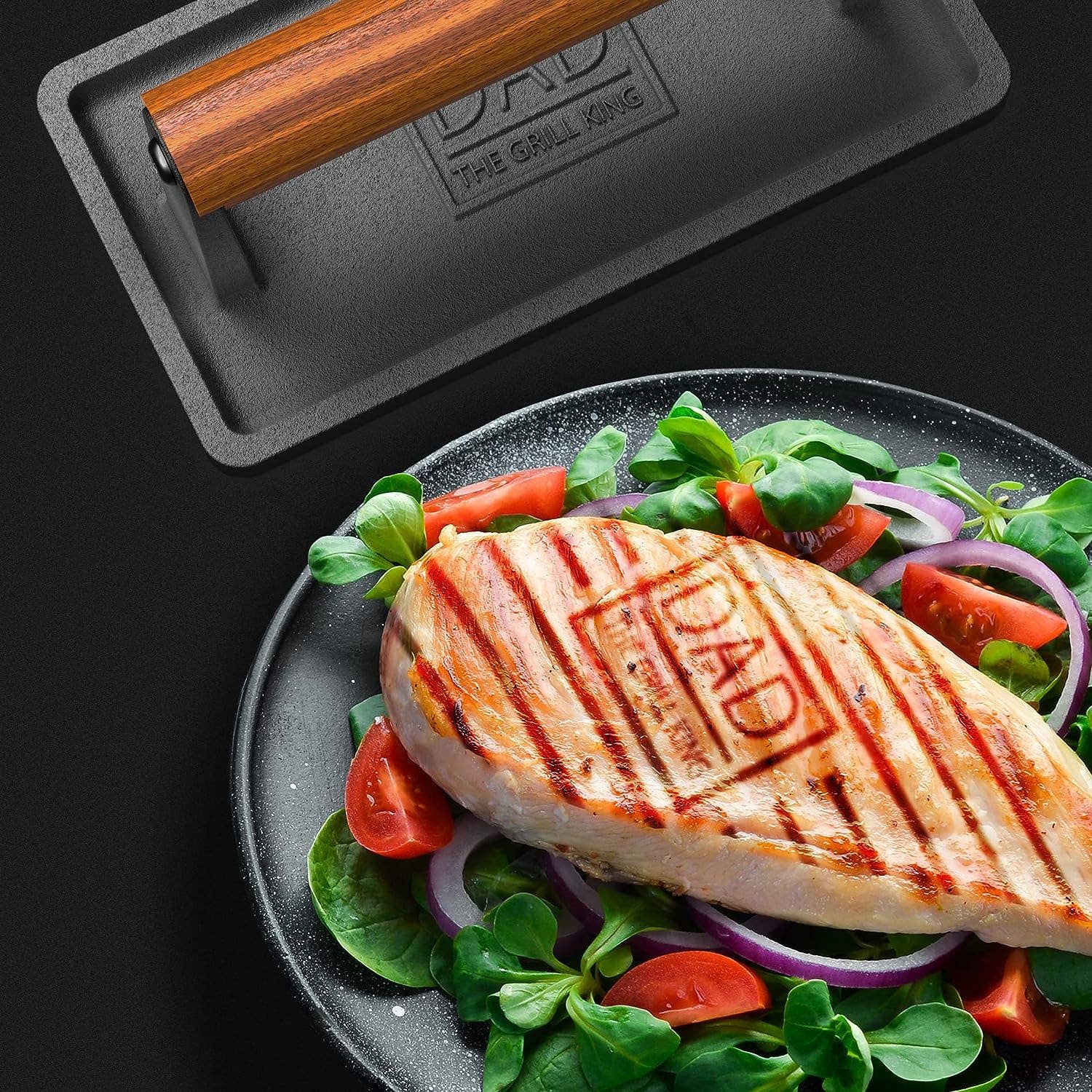 Infinite Basics - Wholesale Grill Pan/Griddle - Soho Grilling Gift for Dad, BBQ Cast Iron Grill Press for Smash Burger, Hamburger, Meat, Bacon (2.6 lbs) Cooking Weight for Fathers Day/Christmas/Birthday “Dad The Grill King” (Gift Boxed)1