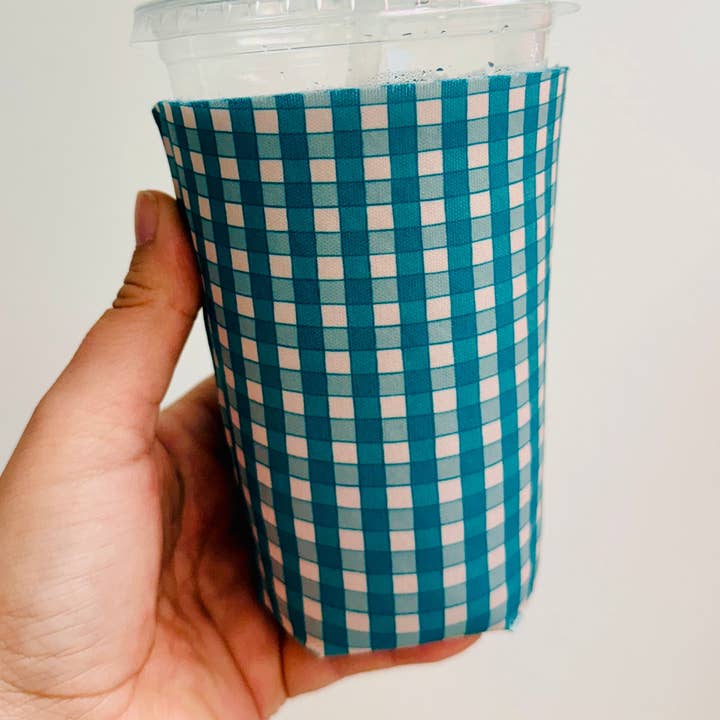 Iced Coffee Sleeve, Dark Green Gingham Pattern for wholesale by Sonny Rising
