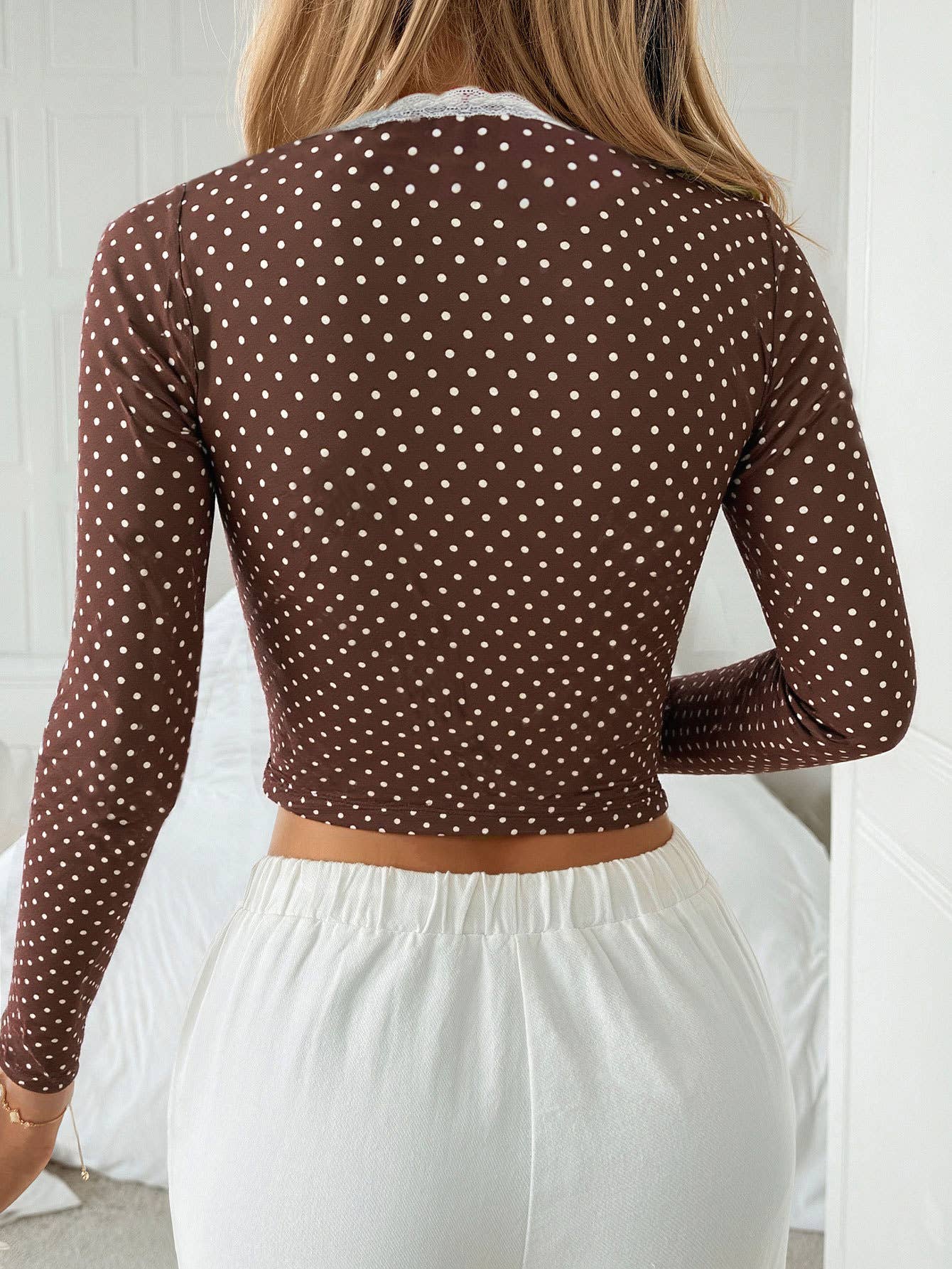 BROWN Lace-trimmed polka dot fitted top for wholesale on Faire5
