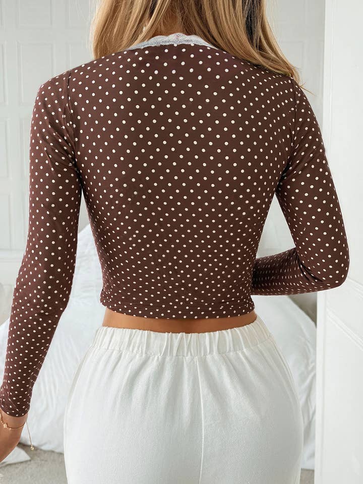 BROWN Lace-trimmed polka dot fitted top for wholesale on Faire5