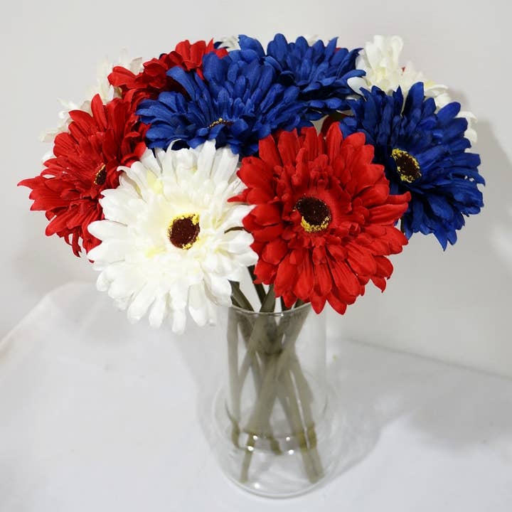 Silk Daisies, July 4th Decor, Blue/White/Red, Set of 10 Stem for wholesale by Sweet Home Deco
