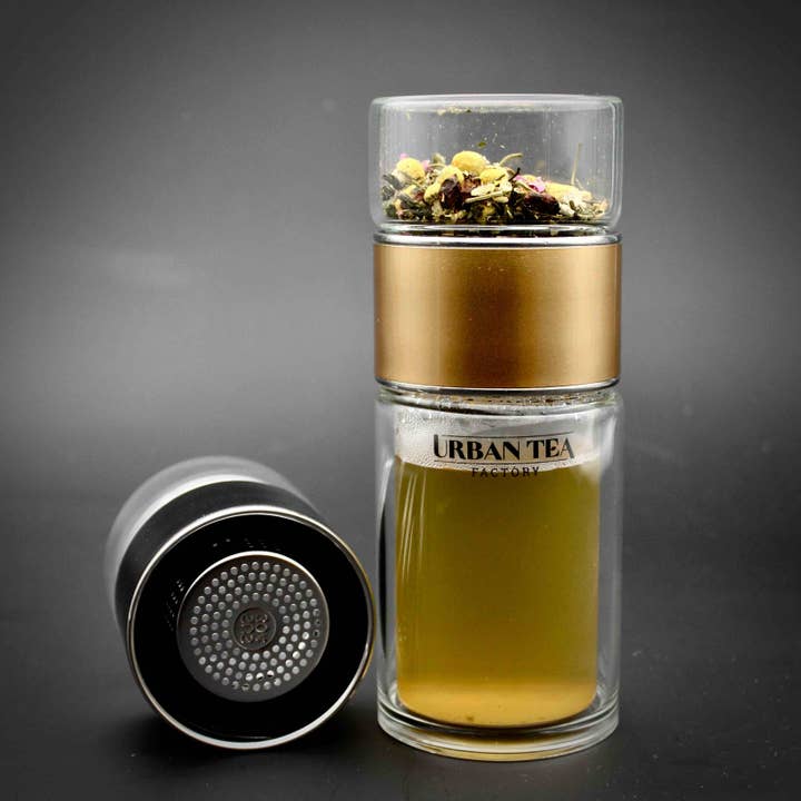 Tea Infuser - Double Wall Thermal Glass Tea Bottle - Gold - Stainless Steel for wholesale by Urban Tea Factory