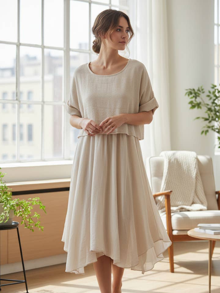 Flydende lang kjole med oprullede ærmer og størrelse 14772 for engroshandel hos Shyloh