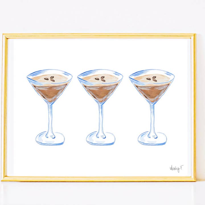 Print | Watercolor Espresso Martini Trio Painting | Bar Cart Decor | Cocktail Art Poster for wholesale by Shop Art by Audrey
