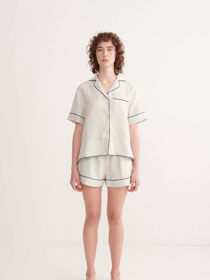 Pin Stripe Ivy Short Sleeve Shirt & Shorts Pyjama Set for wholesale by ANDREA & JOEN