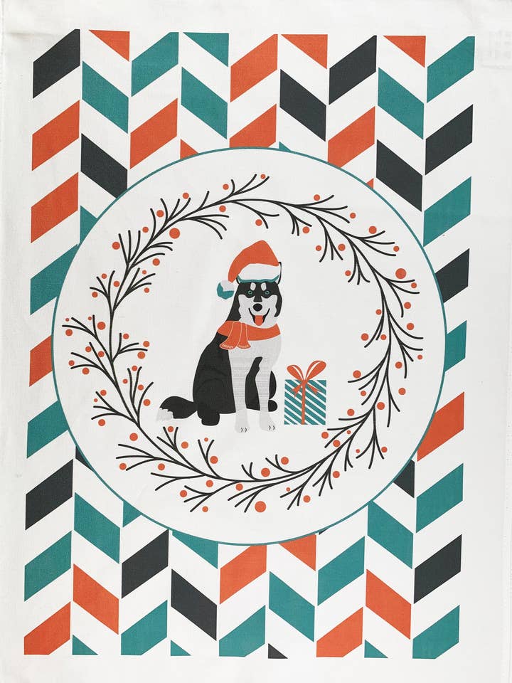 The Christmas Husky Dog - Large Cotton Tea Towel for wholesale by Half a Donkey