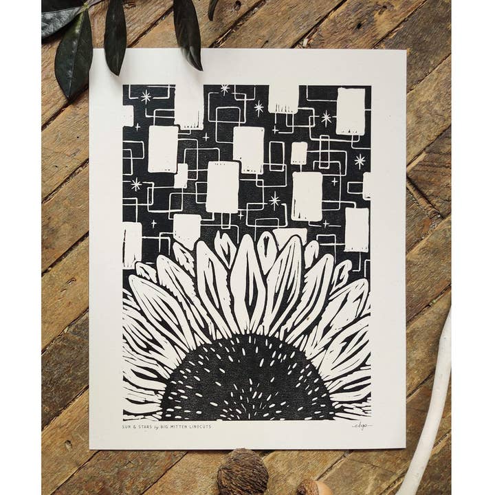 Sun and Stars Linoprint for wholesale by Big Mitten Linocuts