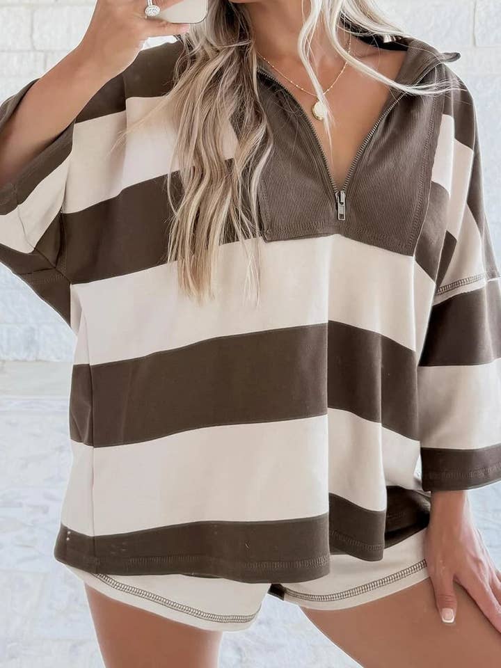 Brown Striped Color Block Zip Collar 3/4 Sleeve Oversize Sweatshirt for wholesale on Faire2