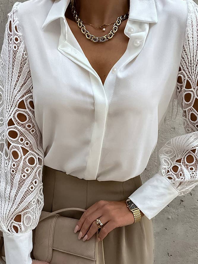 Plain Button Up Lace Sleeves Blouse Shirt DJ033 for wholesale by UNISHE