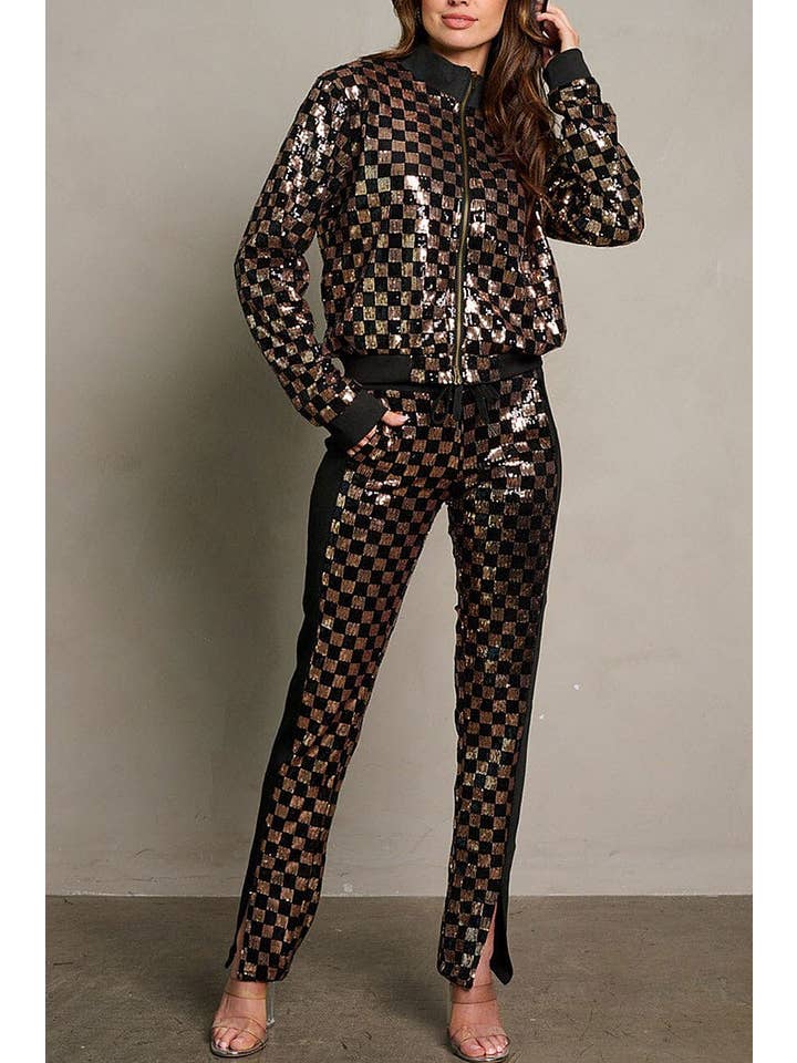 ROUSSEAU - Wholesale Top & Pant Set (NOT Loungewear) - Women's - LONG SLEEVE JACKET ELASTIC WAIST PANTS SEQUINS SET
