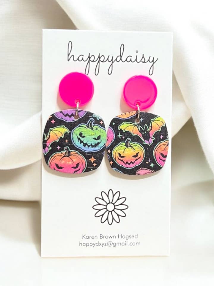 Halloween Jack-o-Lantern Print Neonkork på læderøreringe for engroshandel hos happydaisy