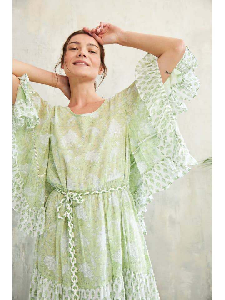 romantic floral block print green KALYANI DRESS for wholesale on Faire1