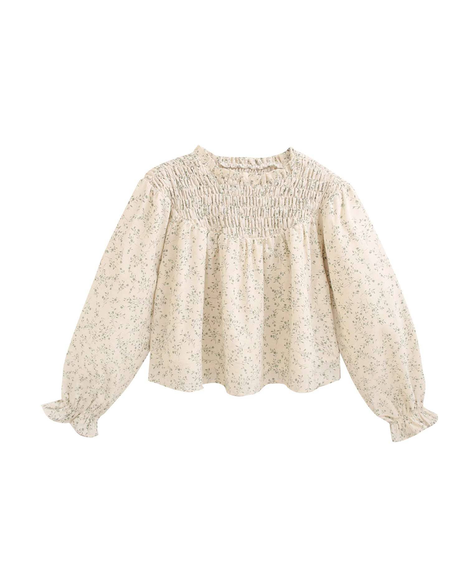 Natural Girl's blouse in cream color with green floral print for wholesale on Faire2