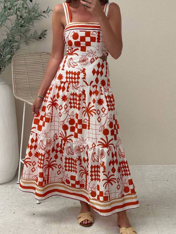 Mediterranean Graffiti Print Bandeau strap tiered maxi dress for wholesale by Rosa Clothing