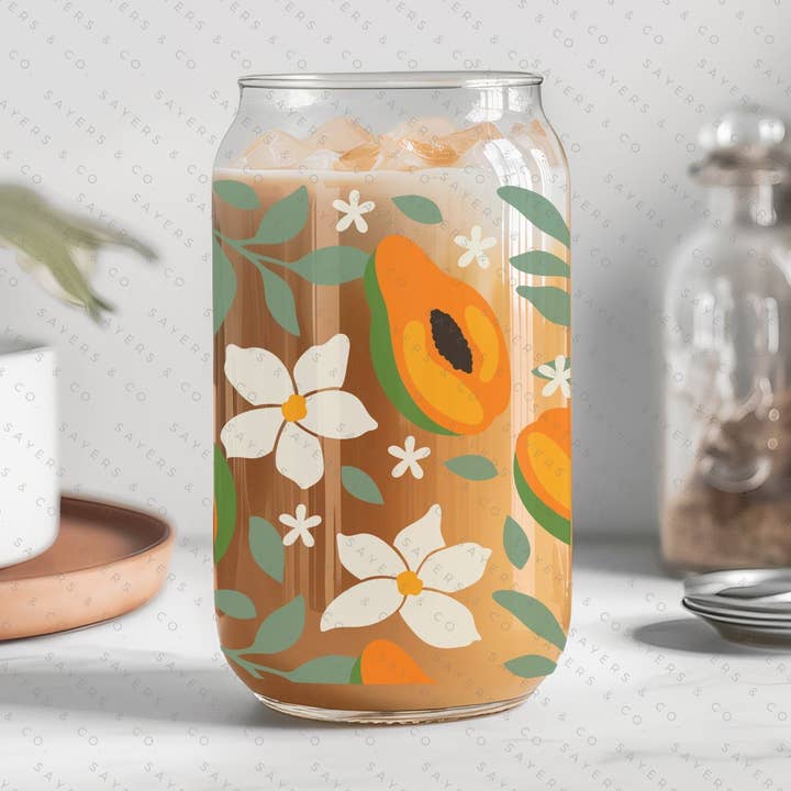 Tasse en verre à papaye 16 oz avec couvercle en bambou et paille #100122 pour la vente par Sayers & Co.