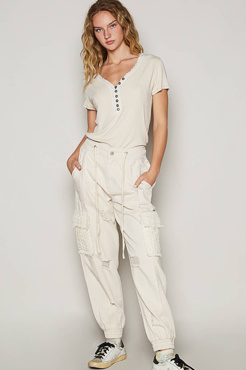 Pol Clothing - Wholesale Jeans - Women's - Tie waistband contrast crochet cargo pockets denim joggers60