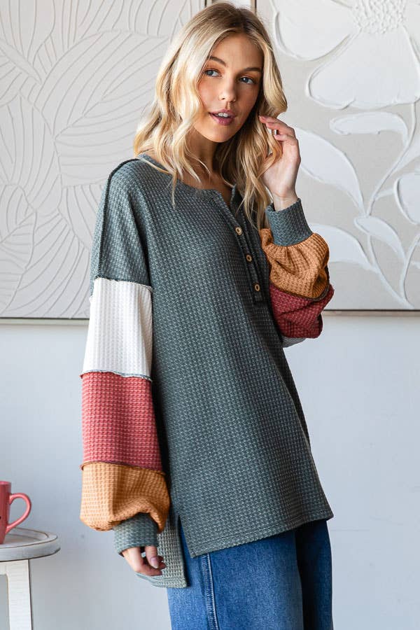 7th Ray – wholesale Knit top – Women's – Waffle Knit Color Block Button Front Balloon Sleeve TopT572415