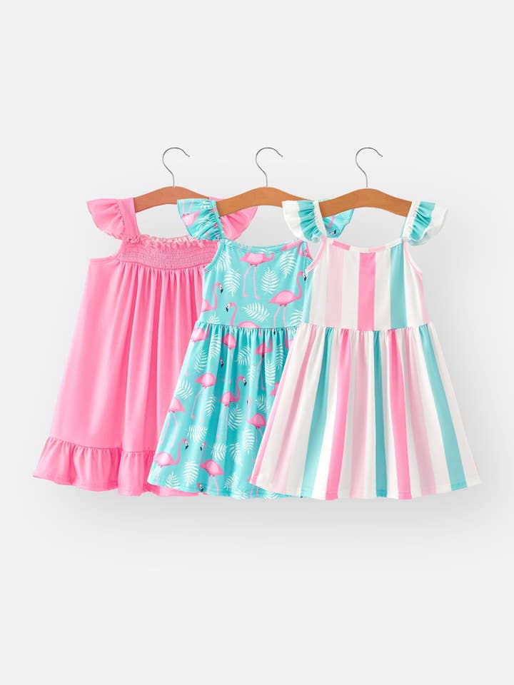 Rylee Faith Designs - Wholesale Dress Set - Baby - Flamingo Striped Girls Suspender Dress 3-pieces set