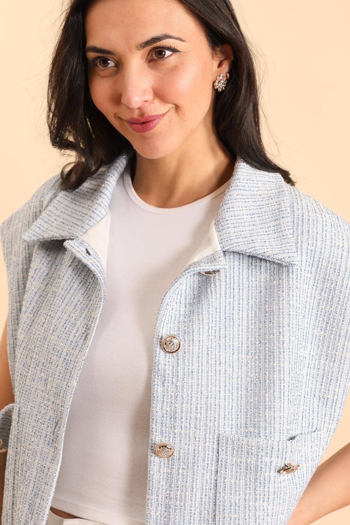 Attrait Paris – Blusão - Mulher por atacado – Casaco sem mangas de tweed com botões dourados5