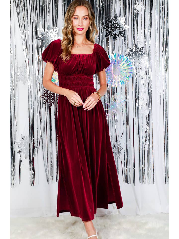 Vine & Love - Wholesale Dress - Women's - Square Neck Puff Sleeve Smocked Velvet Maxi Dress VD82053
