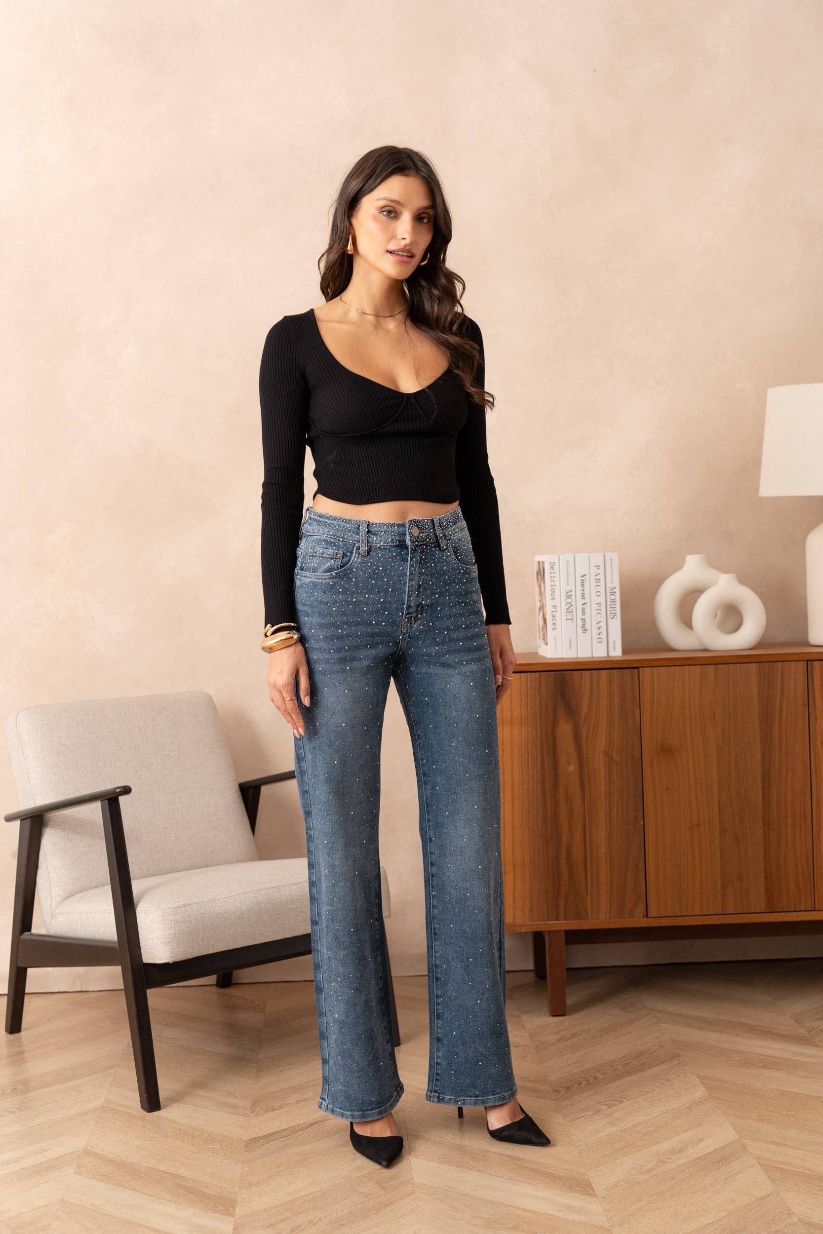 Vivid - Vente Jean – femme - Jean wide leg à strass1