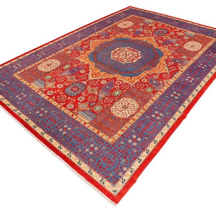 Tapis en laine bohème tribal mamelouk Antony rouge/bleu - 10'3'' x 13'11'' pour la vente par Arshs Fine Rugs