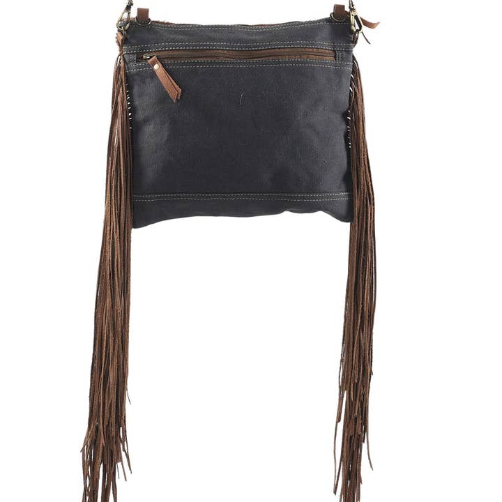 Clea Ray Canvas Bags & Clothing - Wholesale Crossbody Bag - Women's - Brown and Blue Crossbody With Fringe Fur and Canvas2