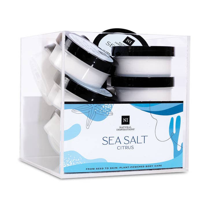 Sea Salt Citrus Mini Body Butter 12pc Acrylic Display for wholesale by Natural Inspirations