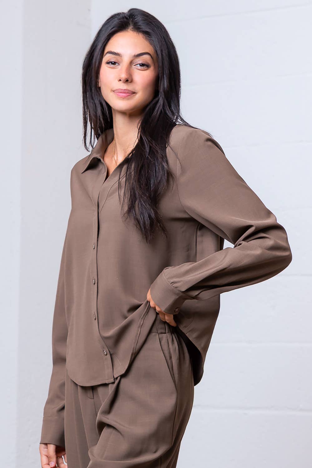 Taelynn - Wholesale Button Down Shirt - Women's - ST88298T-LONG SLEEVE BUTTON DOWN V-NECK SOLID SHIRT14