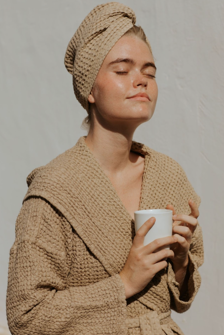 MagicLinen (We handle U.S. import procedures for you) – wholesale Hair towel/wrap – Linen waffle hair towel turban in Beige | Gift set1