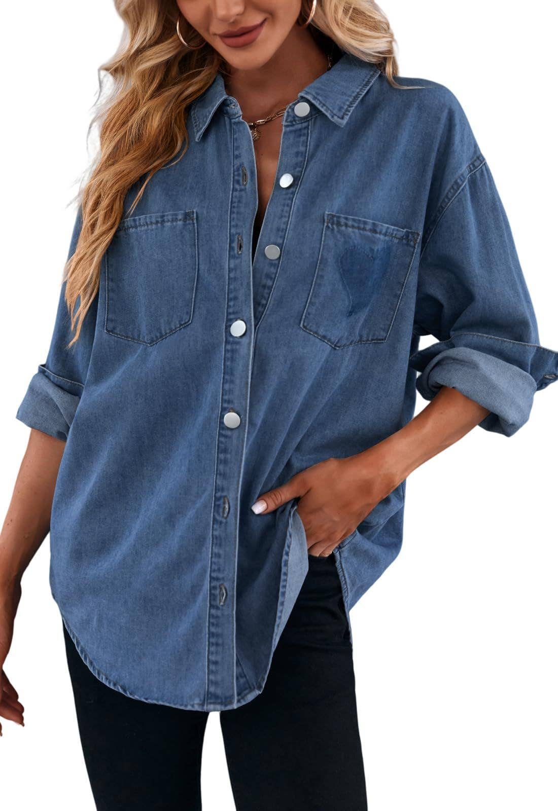 Masyal - Wholesale Button Down Shirt - Women's - Women's Casual Loose Denim Shirt with Turn-Down Collar8